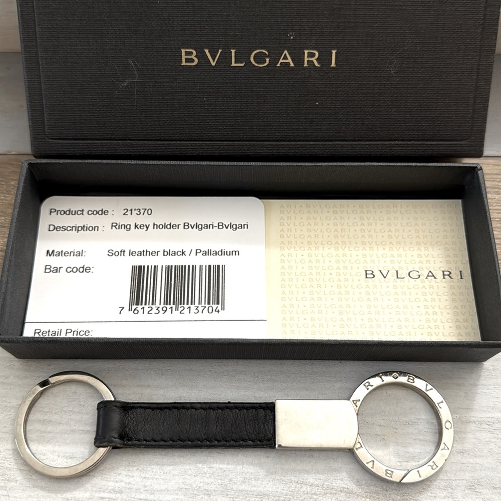 BVLGARI Double Keychain in Black Leather with Key Ring